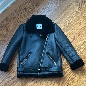 Zara faux leather fur black moto motorcycle bomber jacket warm XS